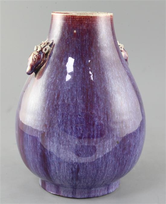 A Chinese flambe glaze pear shaped vase, hu, late 19th / early 20th century, height 29.5cm, foot rim chips